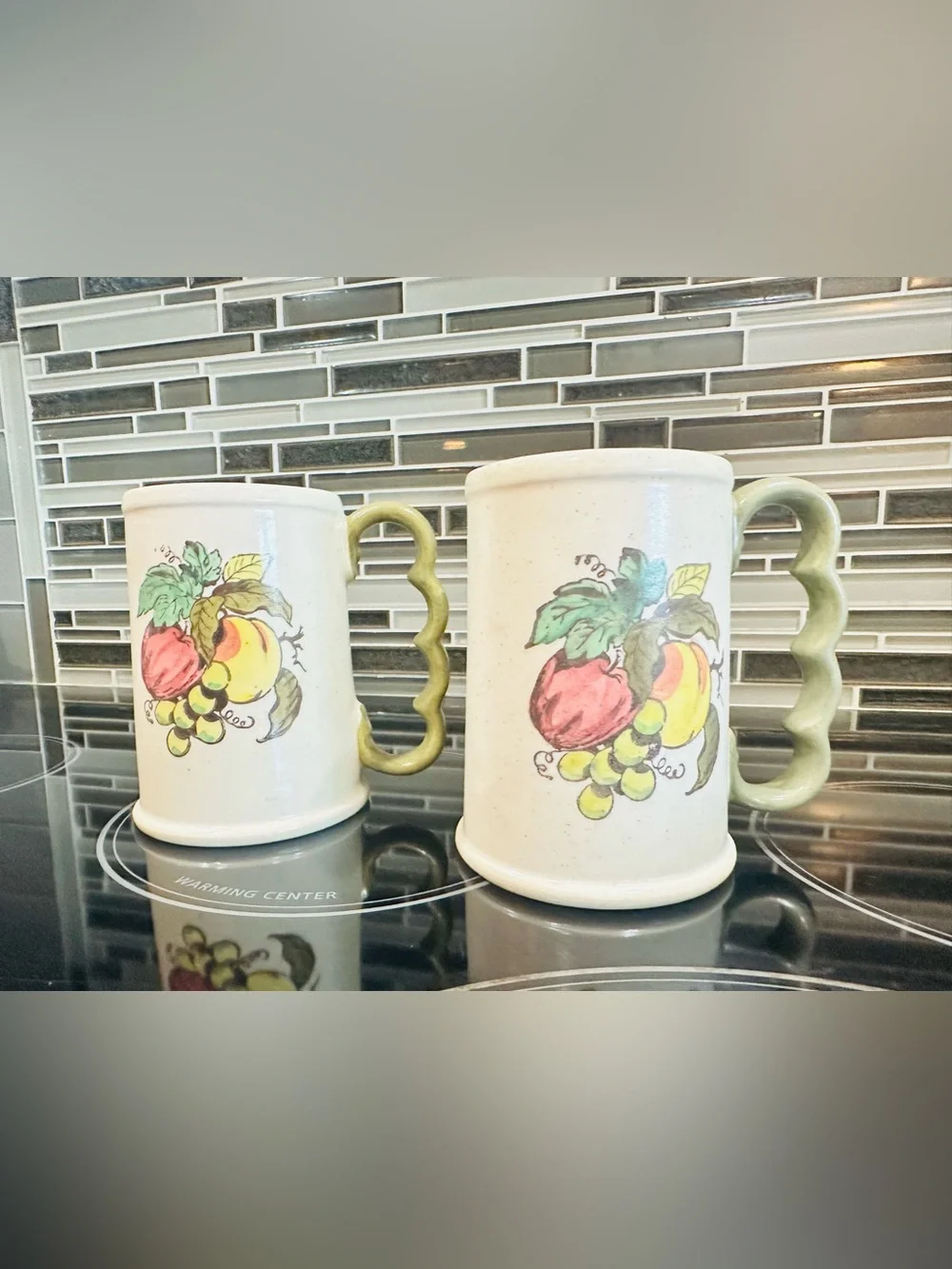 Vtg Merlot Poppytrail Provincial Fruit (Avocado) Stoneware Coffee Mugs (2)
